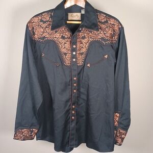Scully Embroidered Western Shirt Black Copper Shotgun Rockabilly Whipstitch L